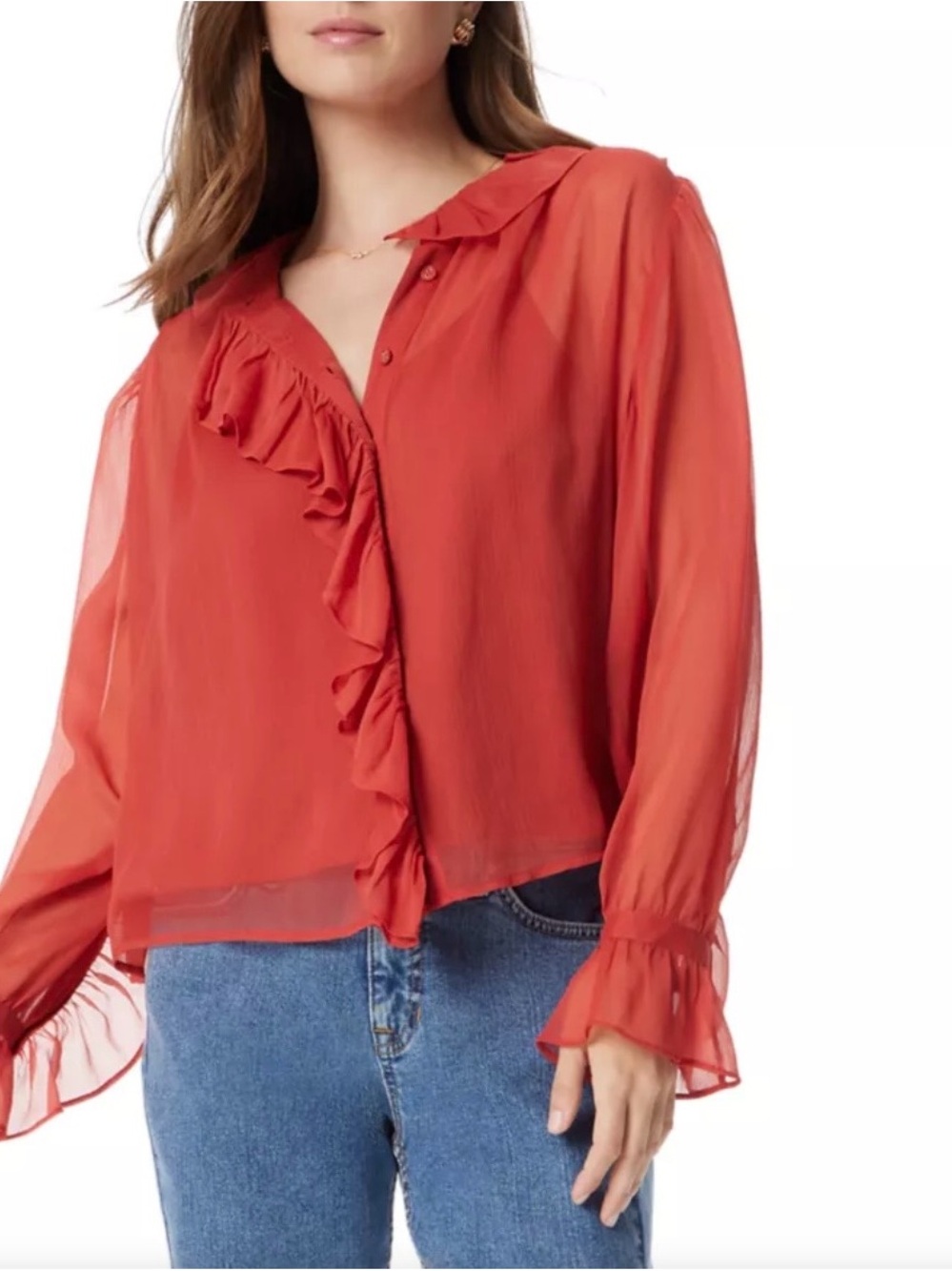 Sam Edelman Coral Red Ruffle Sheer Blouse